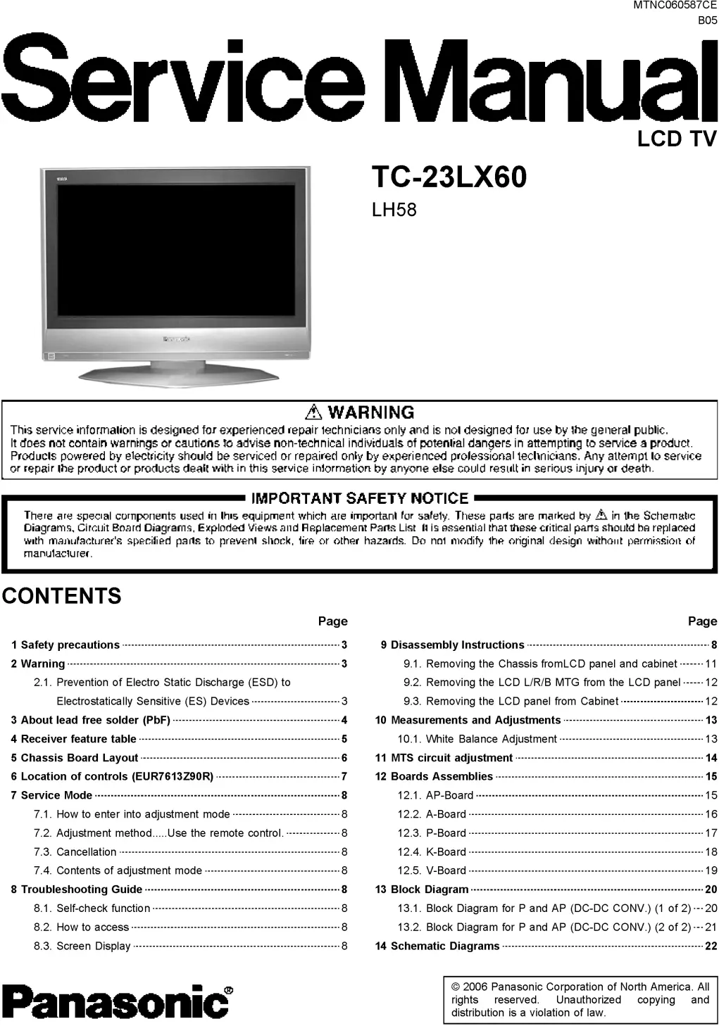 Panasonic tc 23lx60 service manual cover with photo of the television, TV type, chassis code, model code, creation date and document number