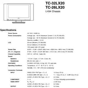 Panasonic tc 26lx20 tc 32lx20 service manual cover with photo of the television, TV type, chassis code, model code, creation date and document number