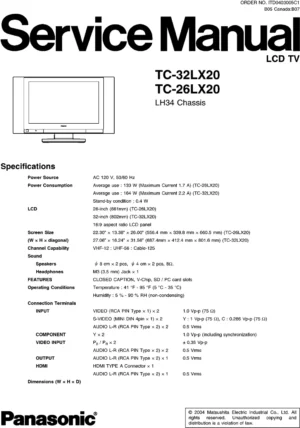 Panasonic tc 26lx20 tc 32lx20 service manual cover with photo of the television, TV type, chassis code, model code, creation date and document number
