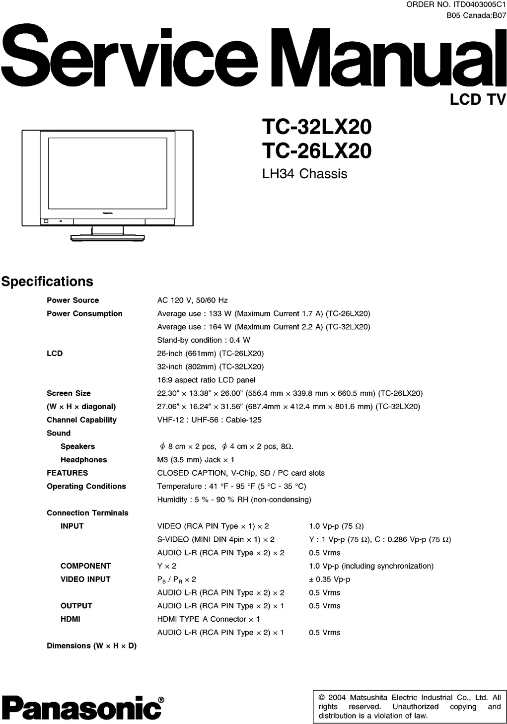 Panasonic tc 26lx20 tc 32lx20 service manual cover with photo of the television, TV type, chassis code, model code, creation date and document number