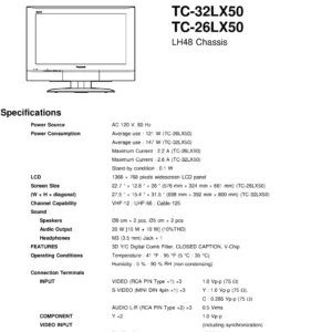 Panasonic tc 26lx50 tc 32lx50 service manual cover with photo of the television, TV type, chassis code, model code, creation date and document number