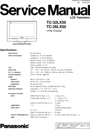 Panasonic tc 26lx50 tc 32lx50 service manual cover with photo of the television, TV type, chassis code, model code, creation date and document number