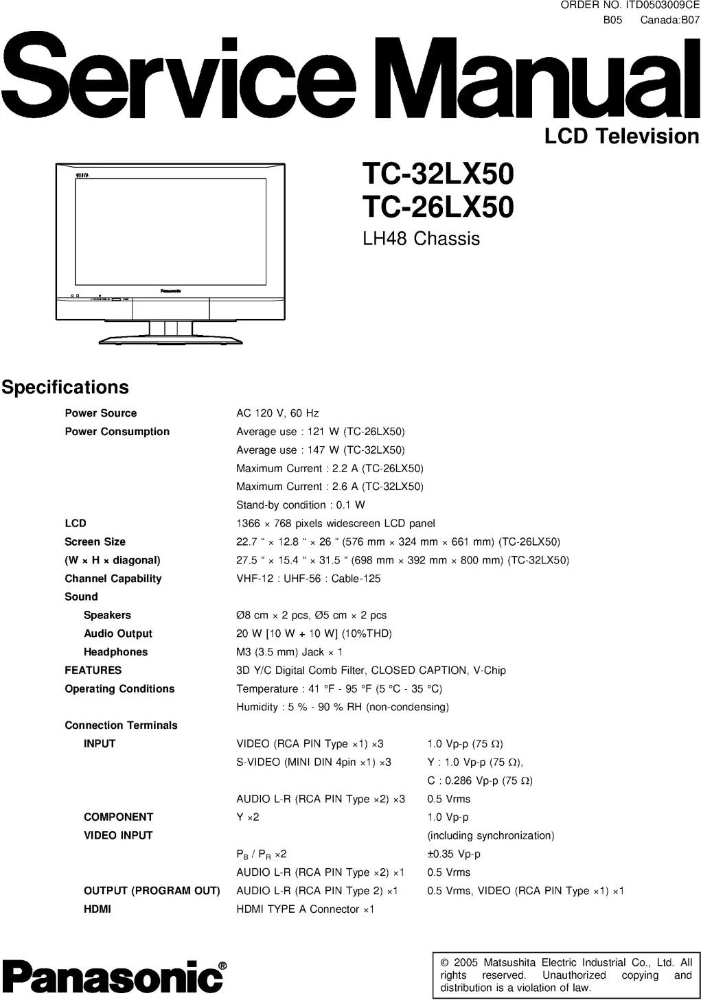 Panasonic tc 26lx50 tc 32lx50 service manual cover with photo of the television, TV type, chassis code, model code, creation date and document number