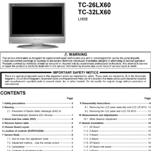 Panasonic tc 26lx60 tc 32lx60 service manual cover with photo of the television, TV type, chassis code, model code, creation date and document number