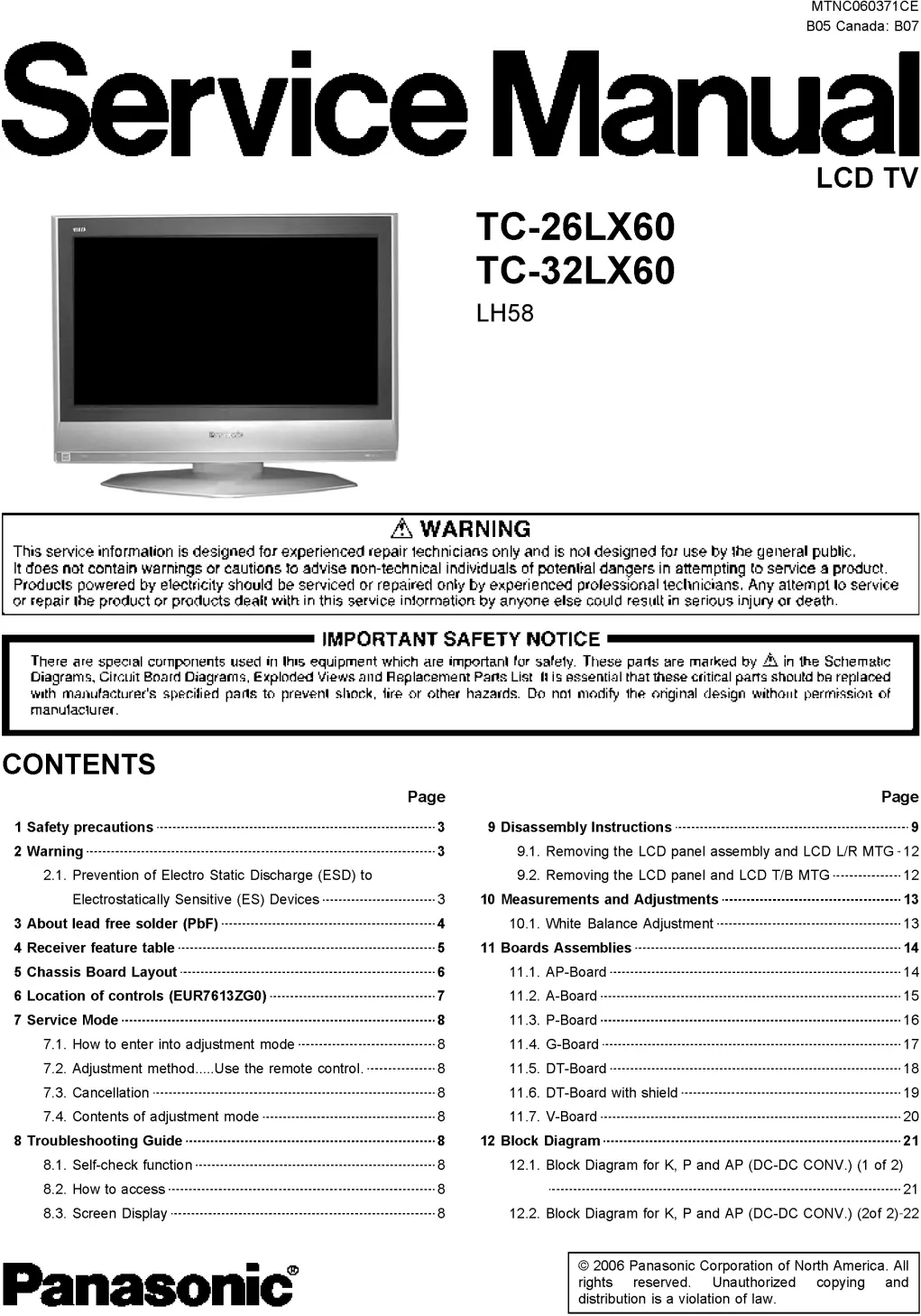 Panasonic tc 26lx60 tc 32lx60 service manual cover with photo of the television, TV type, chassis code, model code, creation date and document number