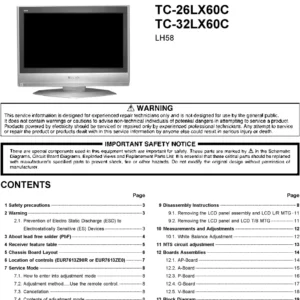 Panasonic tc 26lx60c tc 32lx60c service manual cover with photo of the television, TV type, chassis code, model code, creation date and document number