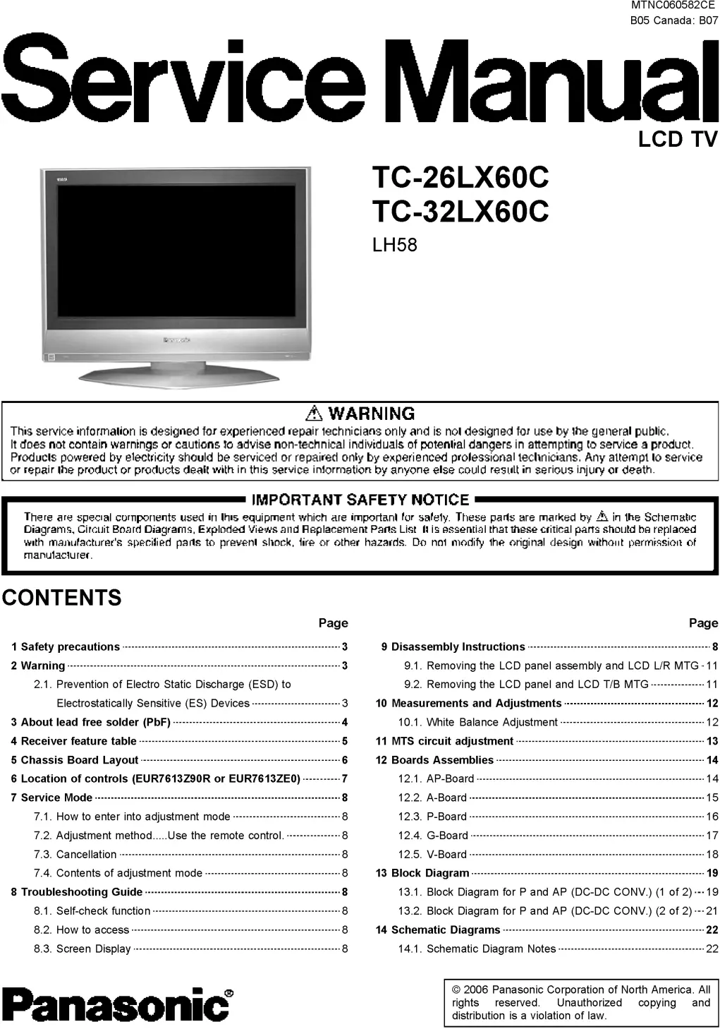 Panasonic tc 26lx60c tc 32lx60c service manual cover with photo of the television, TV type, chassis code, model code, creation date and document number