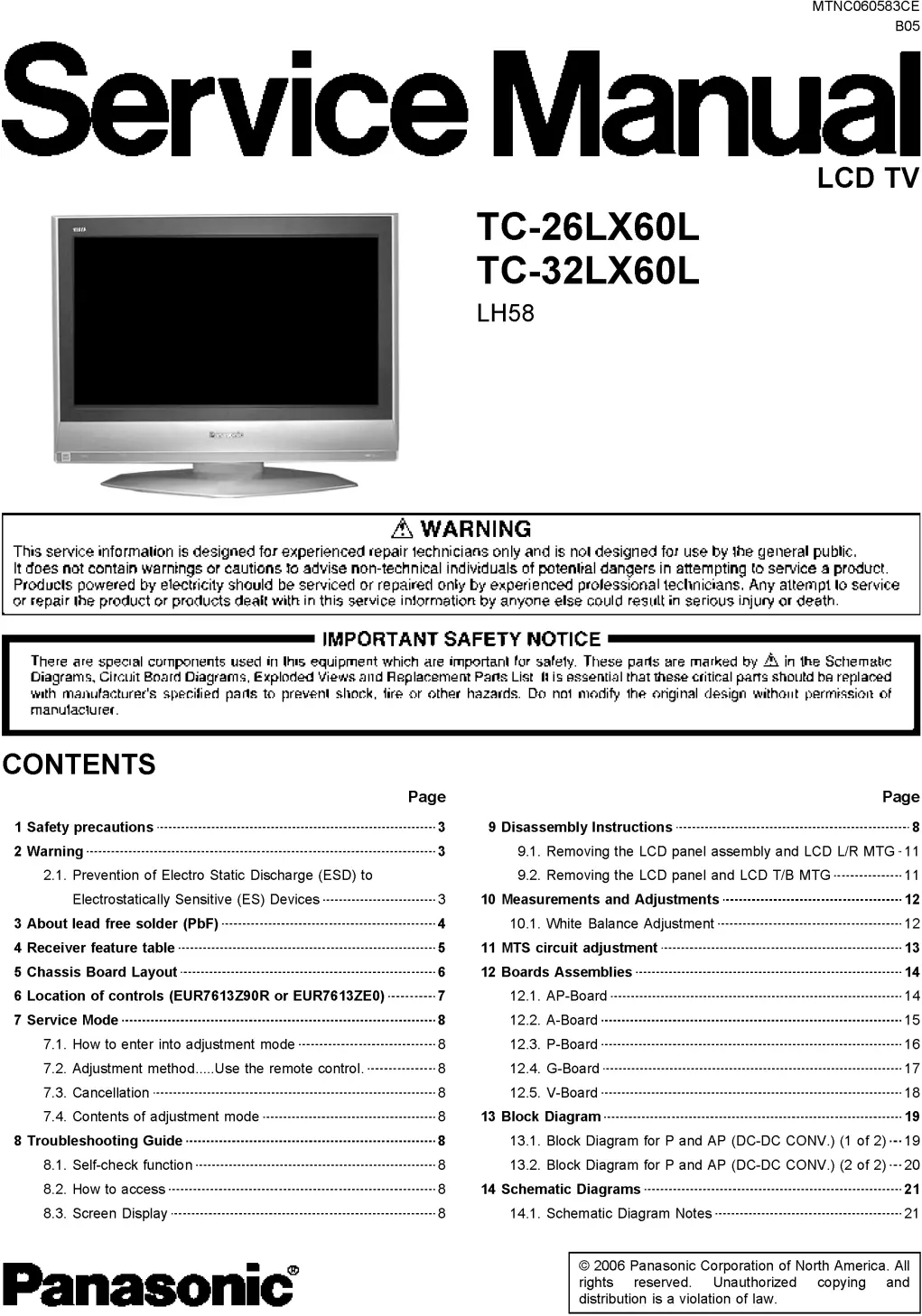 Panasonic tc 26lx60l tc 32lx60l service manual cover with photo of the television, TV type, chassis code, model code, creation date and document number