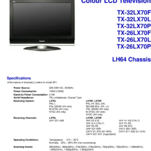 Panasonic tc 26lx70 tc 32lx70 service manual cover with photo of the television, TV type, chassis code, model code, creation date and document number