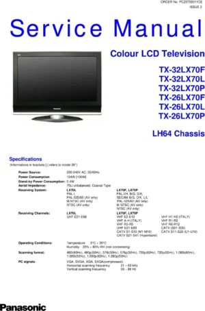 Panasonic tc 26lx70 tc 32lx70 service manual cover with photo of the television, TV type, chassis code, model code, creation date and document number