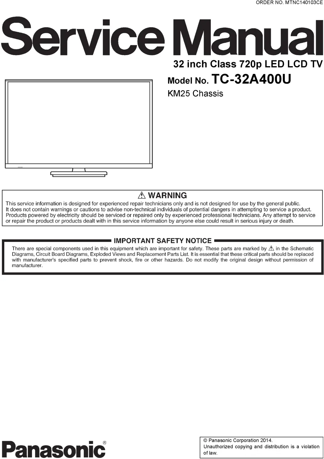 Panasonic tc 32a400u 32a410c service manual cover with photo of the television, TV type, chassis code, model code, creation date and document number