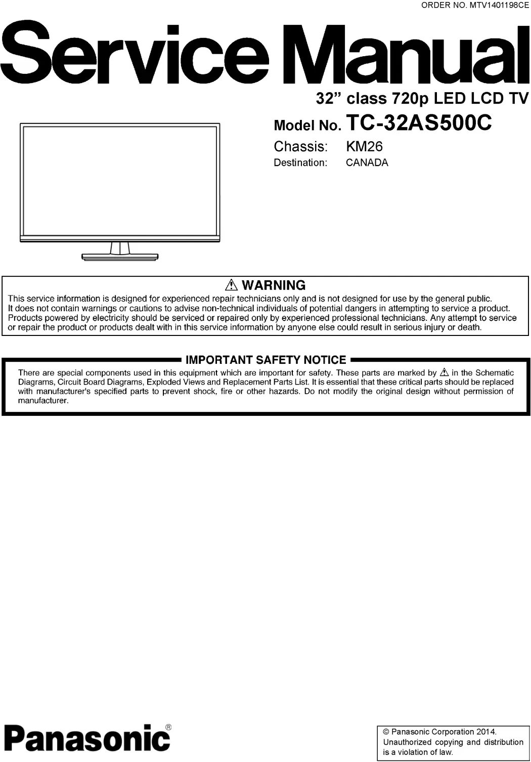 Panasonic tc 32as500 32as500c service manual cover with photo of the television, TV type, chassis code, model code, creation date and document number