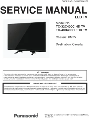 Panasonic tc 32c400 40c400 32c400c 40c400c service manual cover with photo of the television, TV type, chassis code, model code, creation date and document number