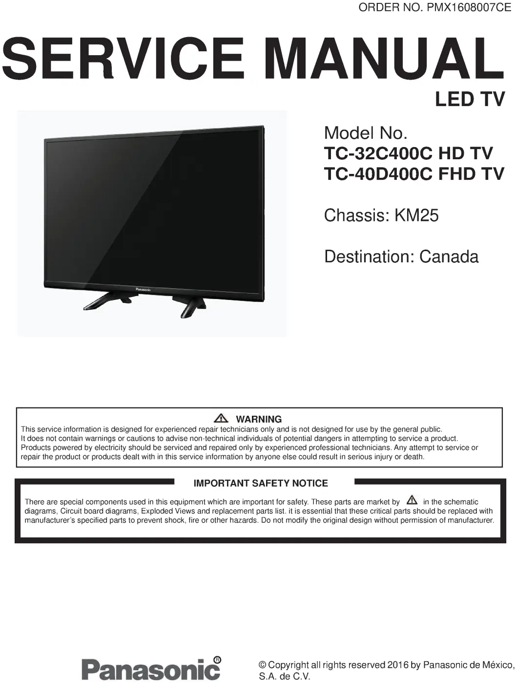 Panasonic tc 32c400 40c400 32c400c 40c400c service manual cover with photo of the television, TV type, chassis code, model code, creation date and document number