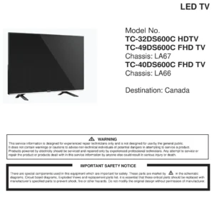 Panasonic tc 32ds600c 40ds600c 49ds600c service manual cover with photo of the television, TV type, chassis code, model code, creation date and document number