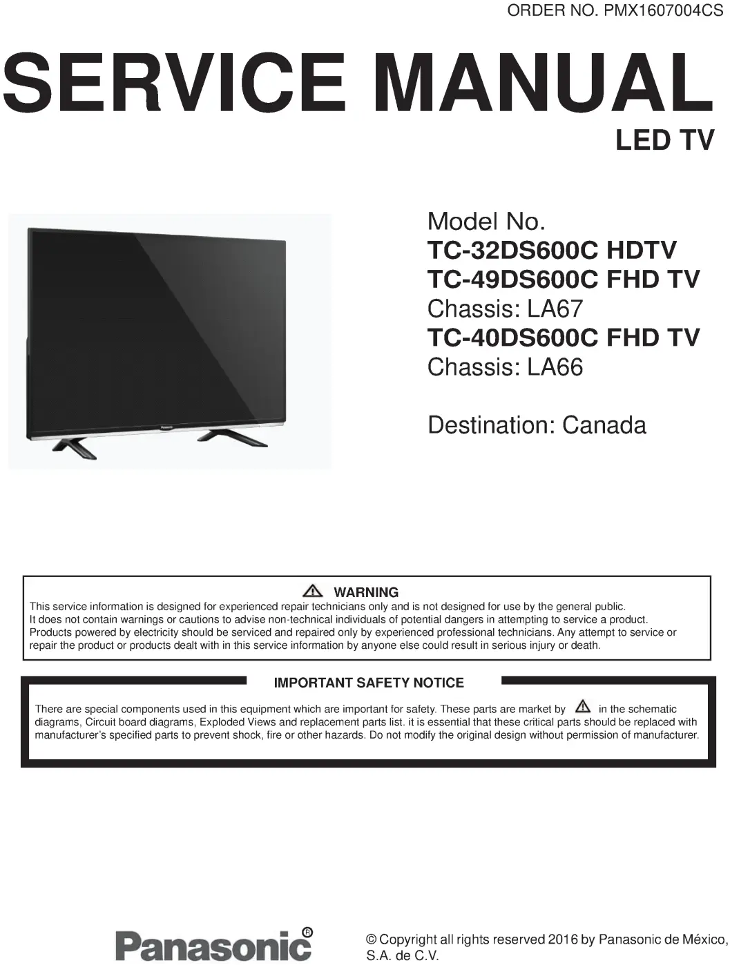 Panasonic tc 32ds600c 40ds600c 49ds600c service manual cover with photo of the television, TV type, chassis code, model code, creation date and document number