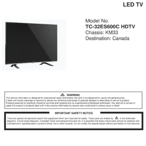 Panasonic tc 32es600 32es600c service manual cover with photo of the television, TV type, chassis code, model code, creation date and document number