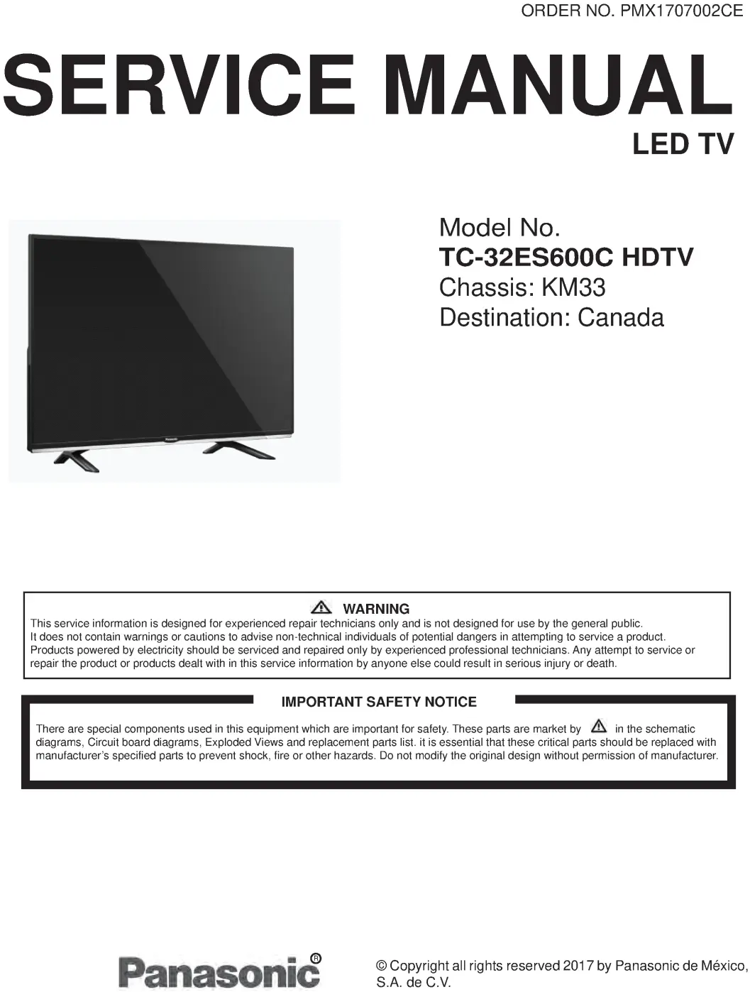Panasonic tc 32es600 32es600c service manual cover with photo of the television, TV type, chassis code, model code, creation date and document number