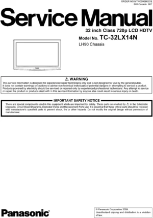 Panasonic tc 32lx14n service manual cover with photo of the television, TV type, chassis code, model code, creation date and document number