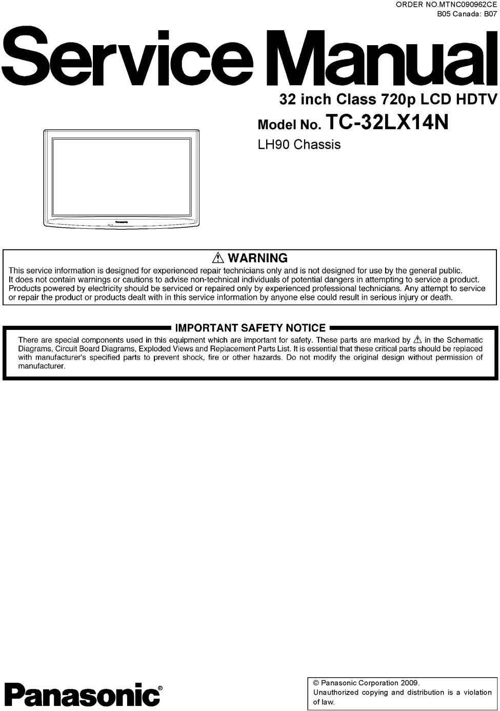 Panasonic tc 32lx14n service manual cover with photo of the television, TV type, chassis code, model code, creation date and document number