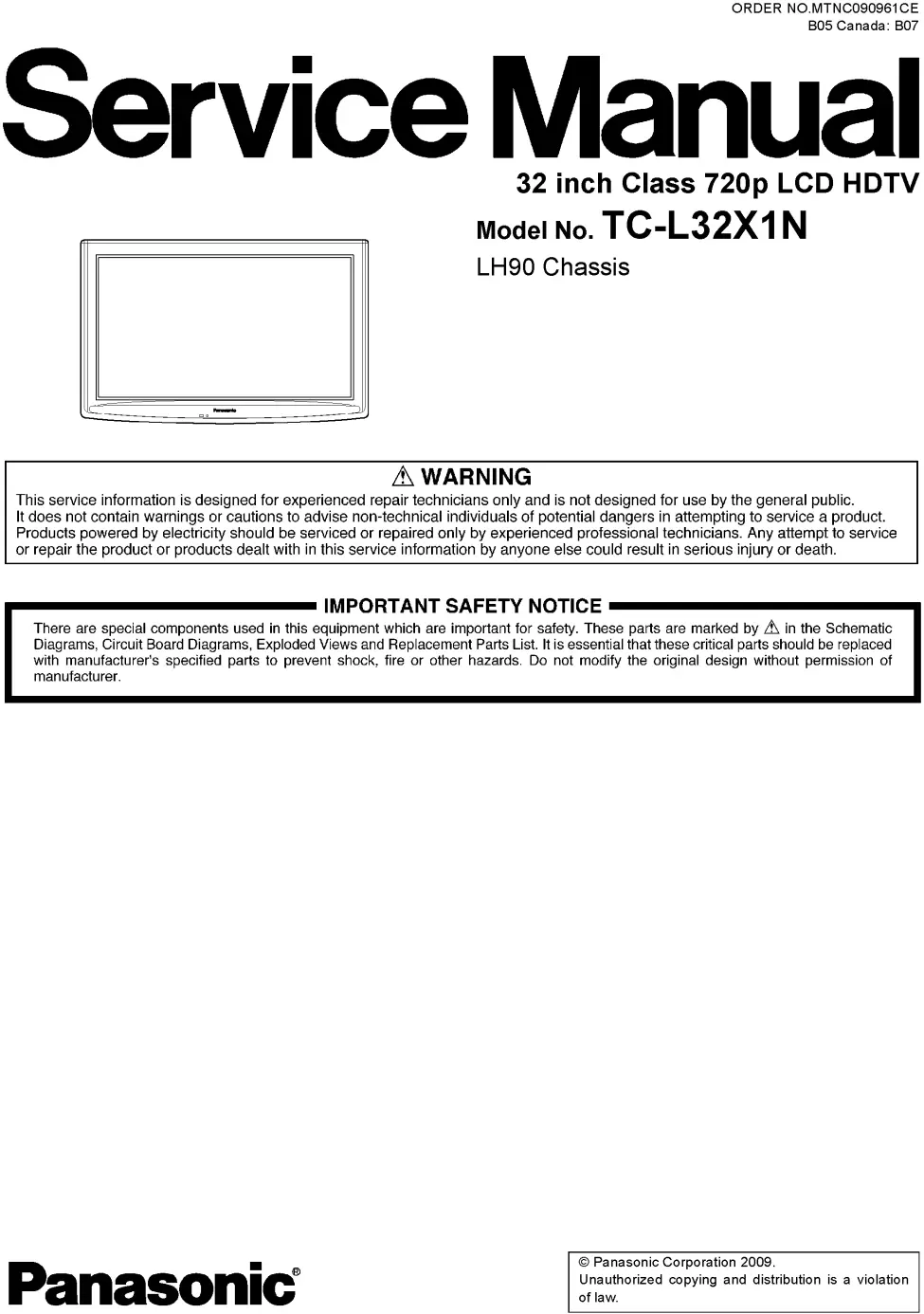 Panasonic tc 32lx1n service manual cover with photo of the television, TV type, chassis code, model code, creation date and document number