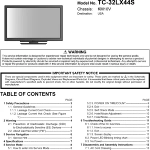Panasonic tc 32lx44s service manual cover with photo of the television, TV type, chassis code, model code, creation date and document number