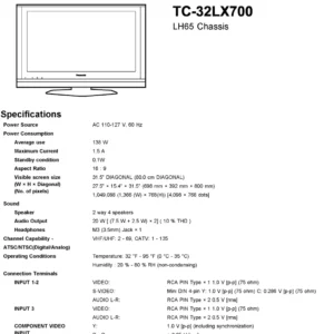 Panasonic tc 32lx700 service manual cover with photo of the television, TV type, chassis code, model code, creation date and document number