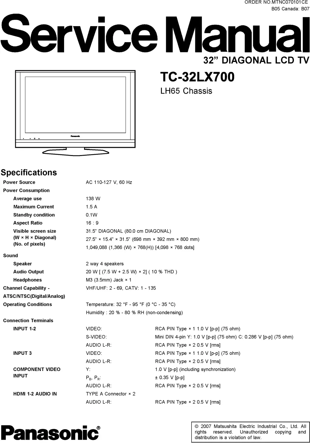 Panasonic tc 32lx700 service manual cover with photo of the television, TV type, chassis code, model code, creation date and document number