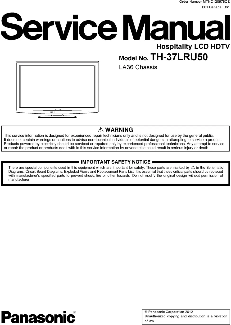 Panasonic tc 37lru50 service manual cover with photo of the television, TV type, chassis code, model code, creation date and document number