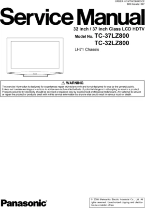 Panasonic tc 37lz800 32lz800 service manual cover with photo of the television, TV type, chassis code, model code, creation date and document number