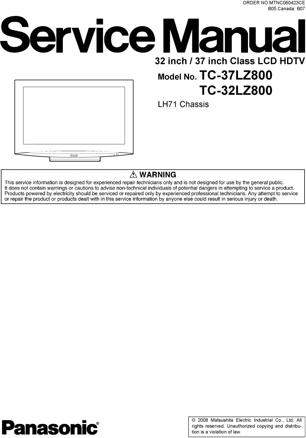 Panasonic tc 37lz800 32lz800 service manual cover with photo of the television, TV type, chassis code, model code, creation date and document number