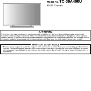 Panasonic tc 39a400u 39a410c service manual cover with photo of the television, TV type, chassis code, model code, creation date and document number