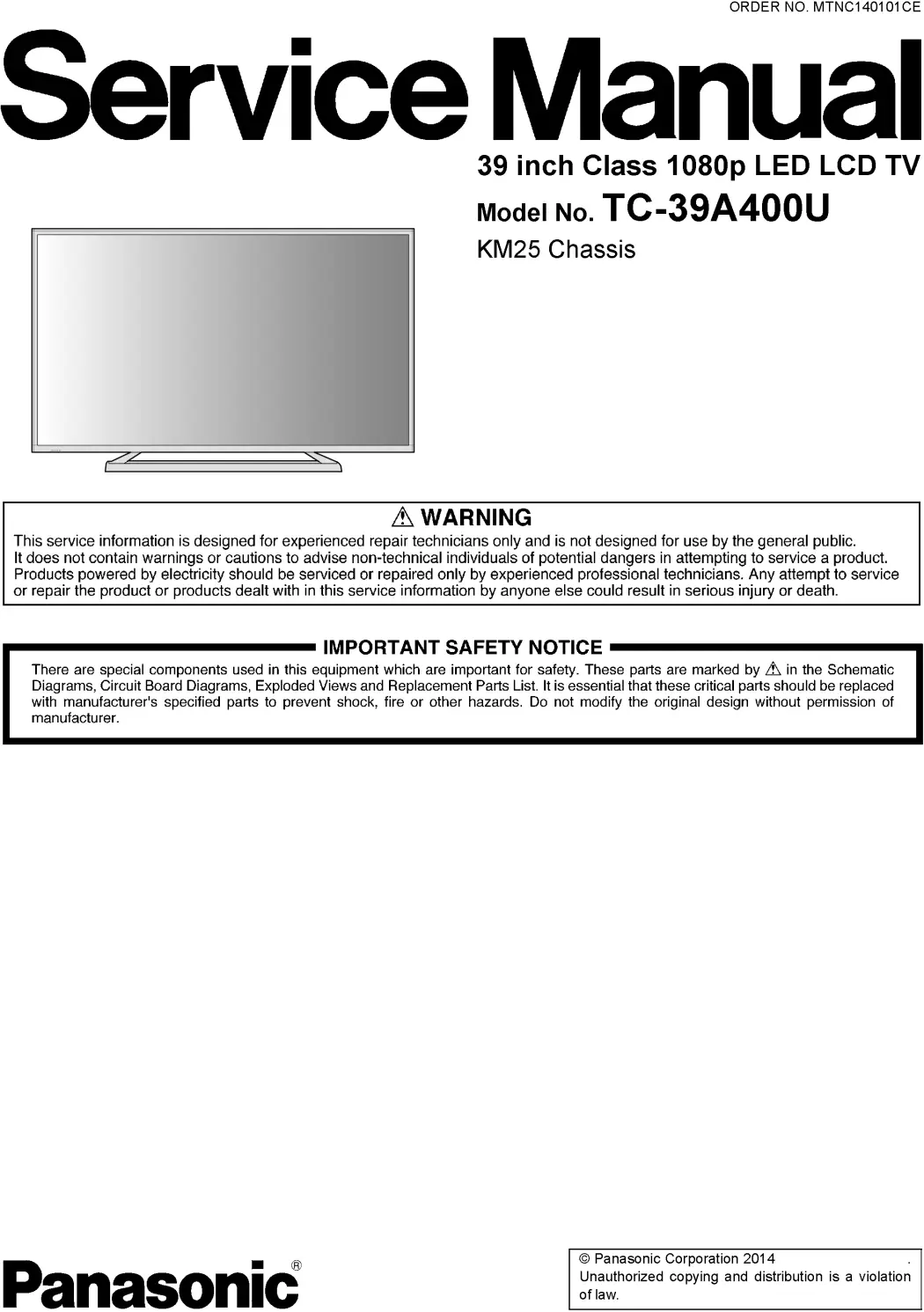 Panasonic tc 39a400u 39a410c service manual cover with photo of the television, TV type, chassis code, model code, creation date and document number