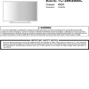 Panasonic tc 39as500 39as500c service manual cover with photo of the television, TV type, chassis code, model code, creation date and document number
