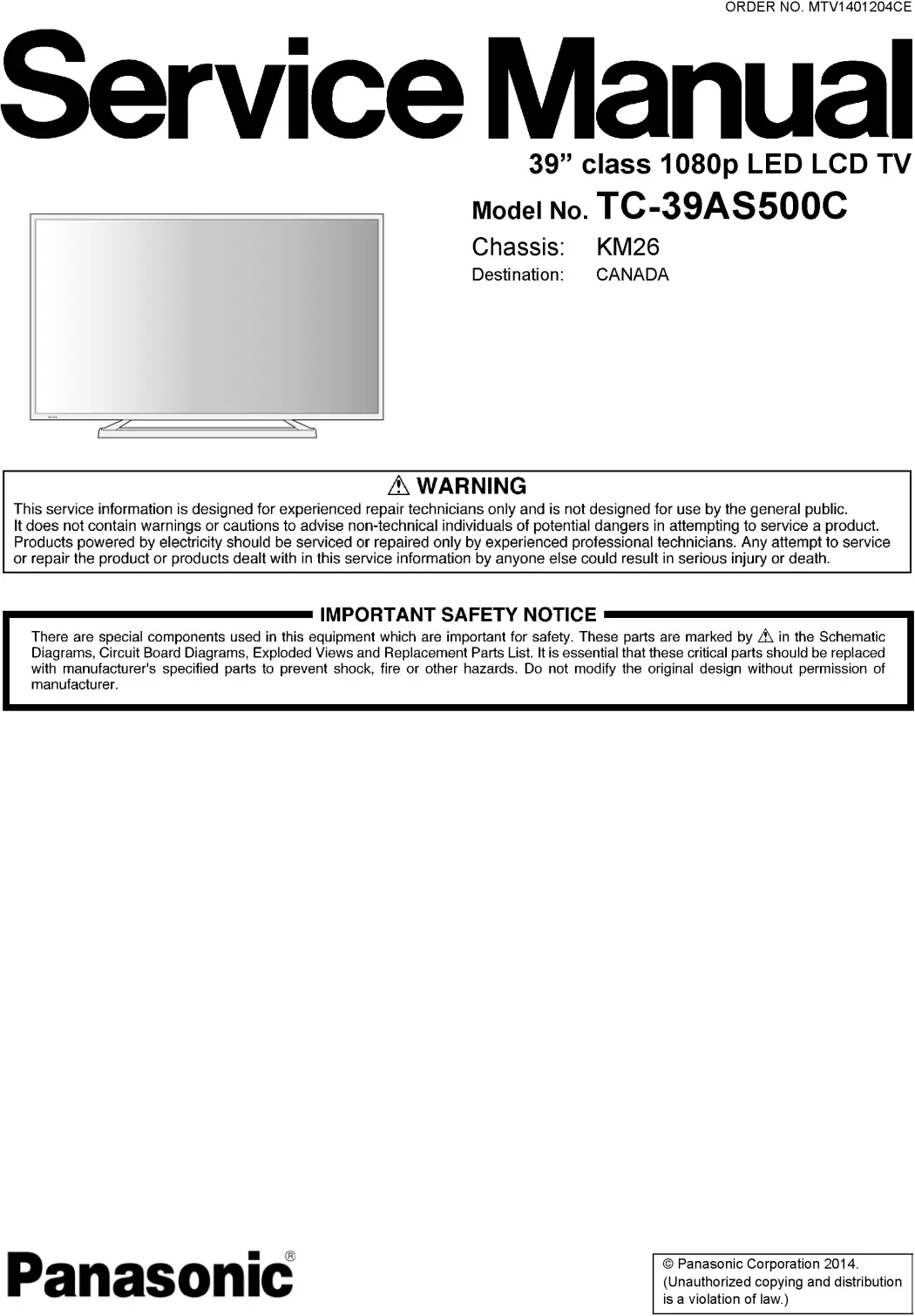 Panasonic tc 39as500 39as500c service manual cover with photo of the television, TV type, chassis code, model code, creation date and document number