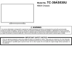Panasonic tc 39as530u 39as540c service manual cover with photo of the television, TV type, chassis code, model code, creation date and document number
