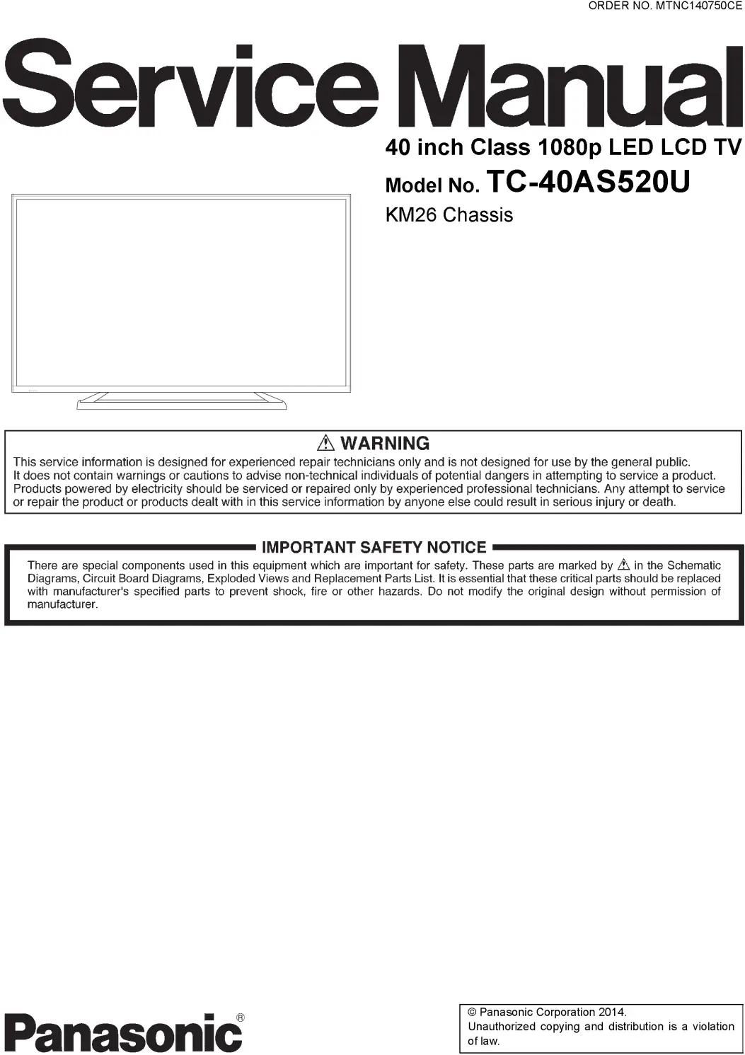 Panasonic tc 40as520u service manual cover with photo of the television, TV type, chassis code, model code, creation date and document number