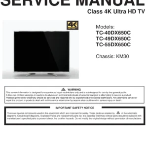 Panasonic tc 40dx650c 49dx650c 55dx650c service manual cover with photo of the television, TV type, chassis code, model code, creation date and document number