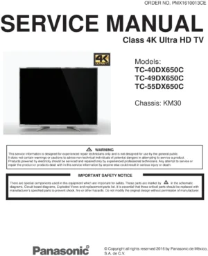 Panasonic tc 40dx650c 49dx650c 55dx650c service manual cover with photo of the television, TV type, chassis code, model code, creation date and document number