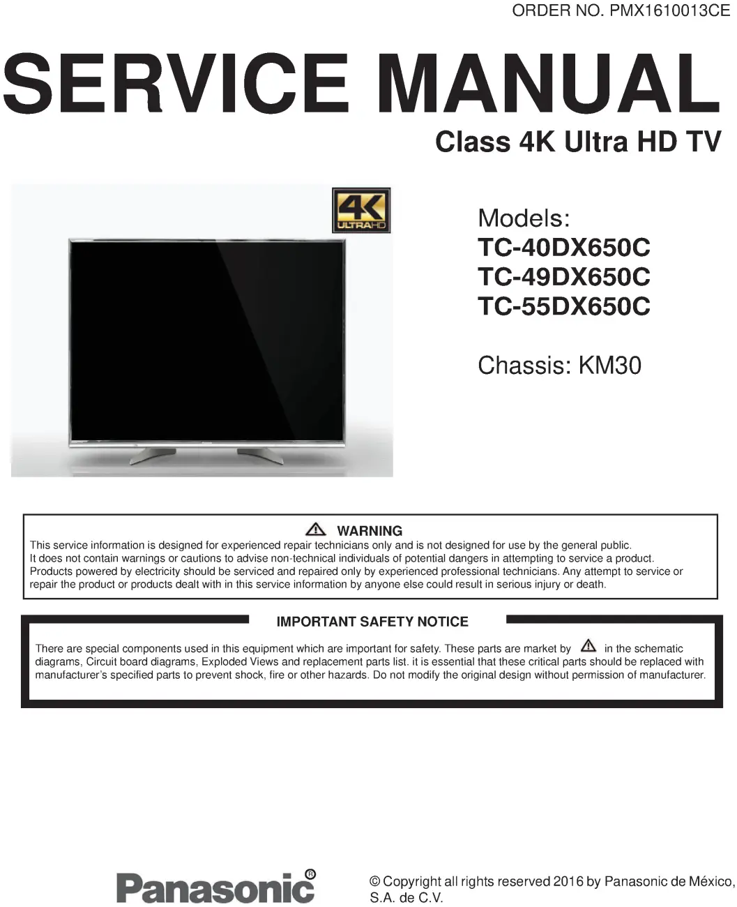 Panasonic tc 40dx650c 49dx650c 55dx650c service manual cover with photo of the television, TV type, chassis code, model code, creation date and document number
