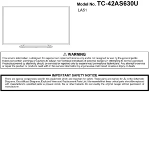 Panasonic tc 42as630 42as630u service manual cover with photo of the television, TV type, chassis code, model code, creation date and document number