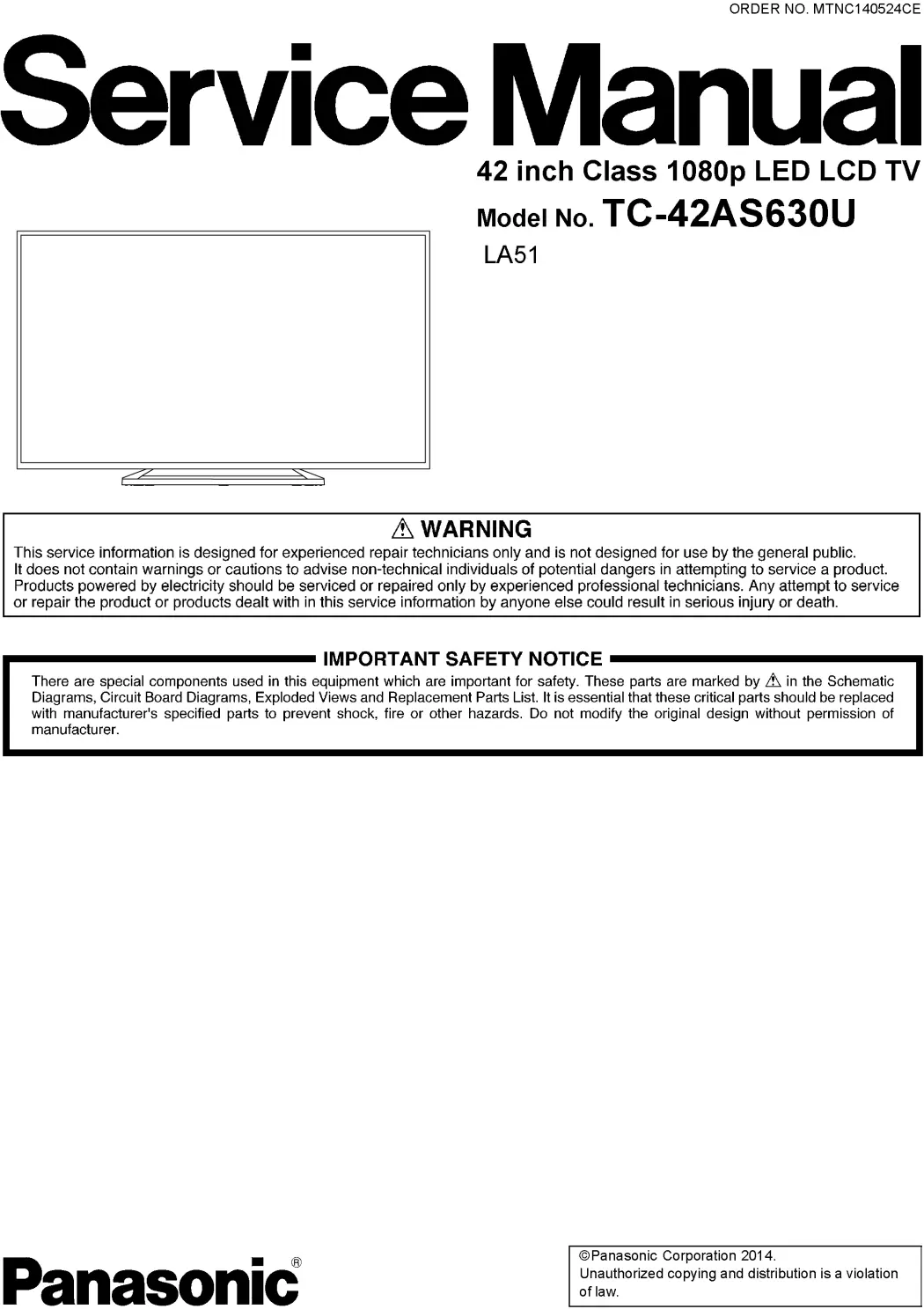 Panasonic tc 42as630 42as630u service manual cover with photo of the television, TV type, chassis code, model code, creation date and document number