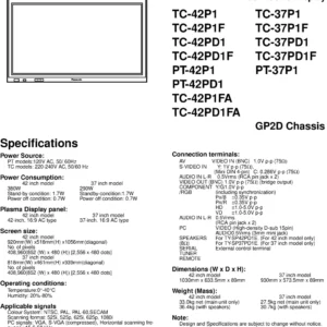 Panasonic tc 42p1 pt 42pd1 service manual cover with photo of the television, TV type, chassis code, model code, creation date and document number