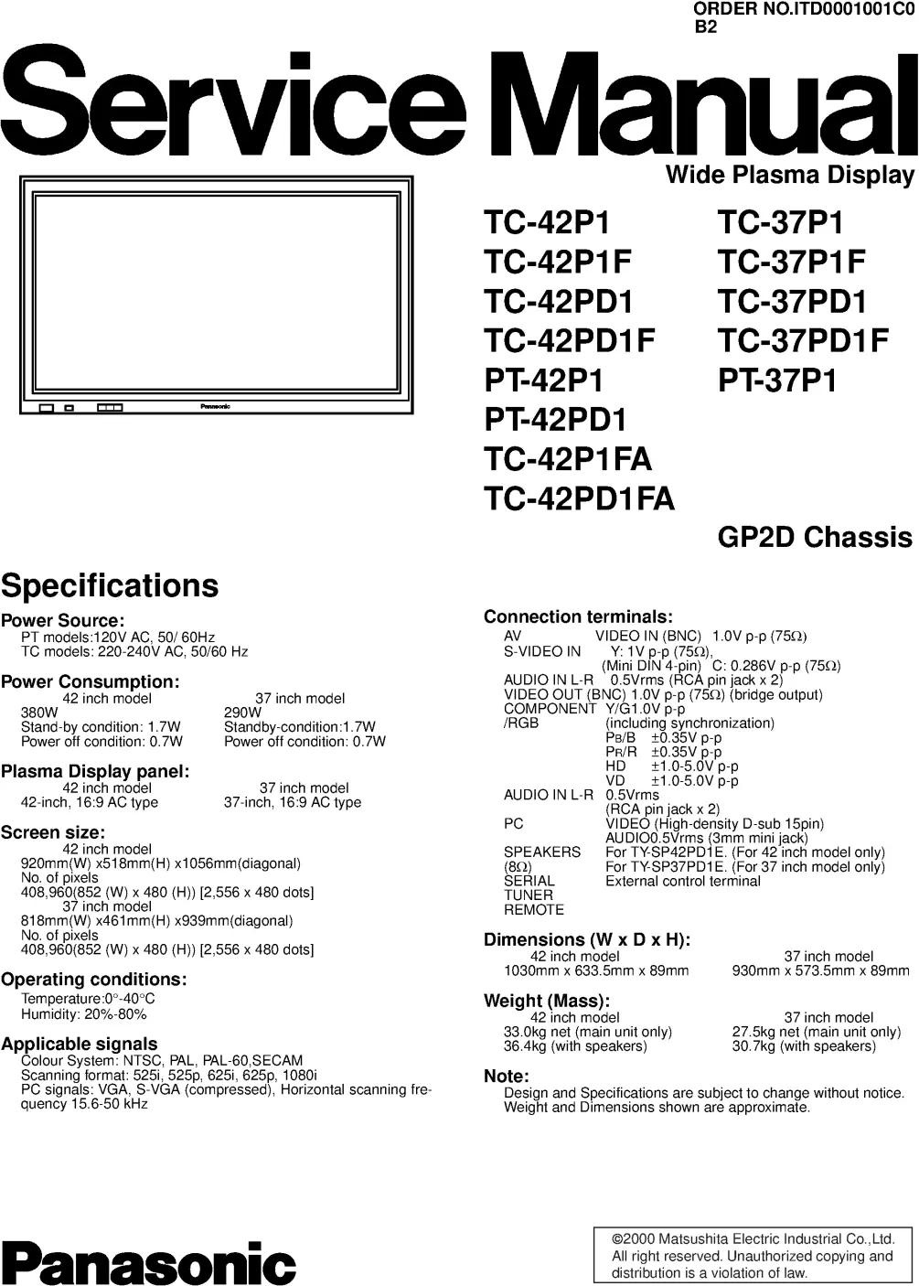 Panasonic tc 42p1 pt 42pd1 service manual cover with photo of the television, TV type, chassis code, model code, creation date and document number