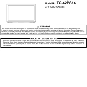 Panasonic tc 42ps14 service manual cover with photo of the television, TV type, chassis code, model code, creation date and document number
