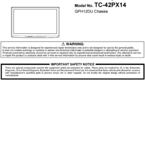 Panasonic tc 42px14 service manual cover with photo of the television, TV type, chassis code, model code, creation date and document number