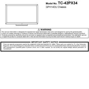 Panasonic tc 42px34 service manual cover with photo of the television, TV type, chassis code, model code, creation date and document number