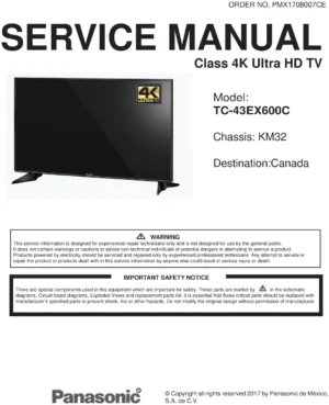 Panasonic tc 43ex600 43ex600 service manual cover with photo of the television, TV type, chassis code, model code, creation date and document number