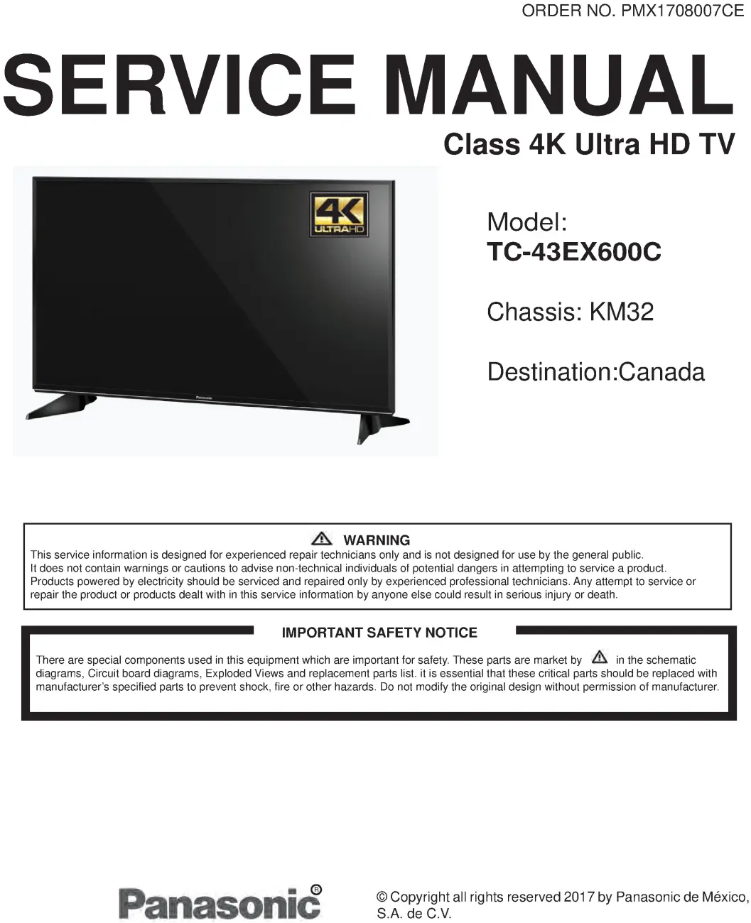 Panasonic tc 43ex600 43ex600 service manual cover with photo of the television, TV type, chassis code, model code, creation date and document number
