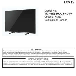 Panasonic tc 49es600 49es600c service manual cover with photo of the television, TV type, chassis code, model code, creation date and document number